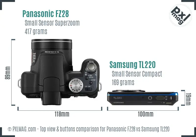 Panasonic FZ28 vs Samsung TL220 top view buttons comparison Panasonic FZ28 vs Samsung TL220 top view buttons comparison