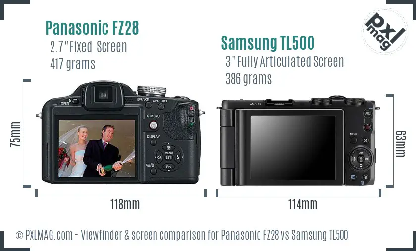 LCD screen and interface comparison for Panasonic FZ28 vs Samsung TL500