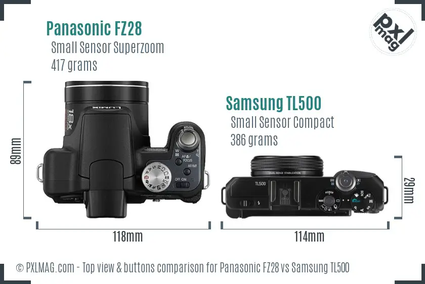 Top view design and control layout comparison of Panasonic FZ28 and Samsung TL500