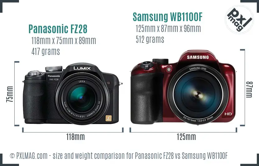 Panasonic FZ28 vs Samsung WB1100F size comparison