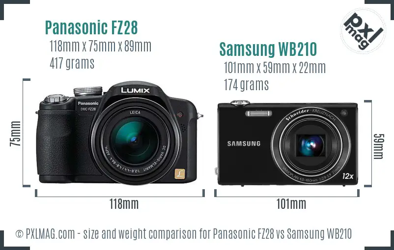 Panasonic FZ28 vs Samsung WB210 size comparison