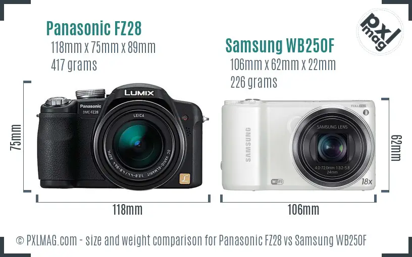 Panasonic FZ28 vs Samsung WB250F size comparison Panasonic FZ28 vs Samsung WB250F size comparison