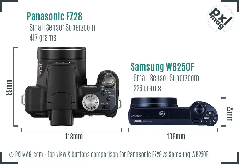 Panasonic FZ28 vs Samsung WB250F top view buttons comparison Panasonic FZ28 vs Samsung WB250F top view buttons comparison