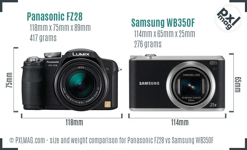 Panasonic FZ28 vs Samsung WB350F size comparison