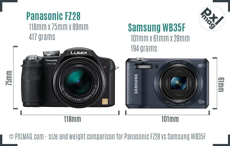 Panasonic FZ28 vs Samsung WB35F size comparison