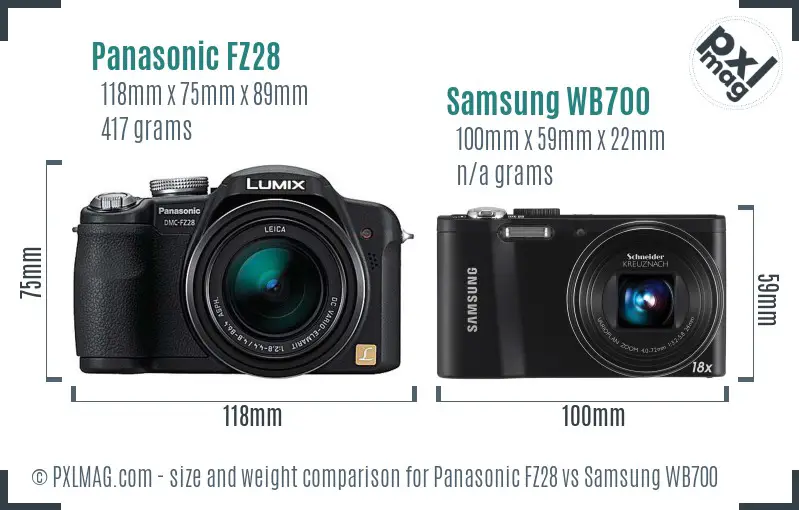 Panasonic FZ28 vs Samsung WB700 size comparison