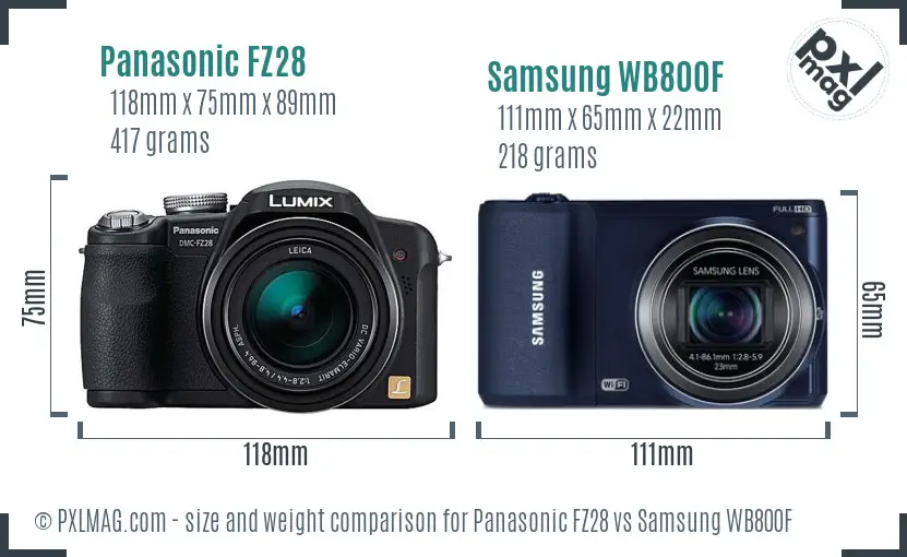 Panasonic FZ28 vs Samsung WB800F size comparison