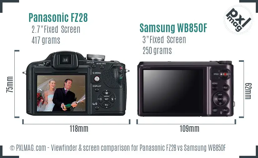 Panasonic FZ28 vs Samsung WB850F Screen and Viewfinder comparison