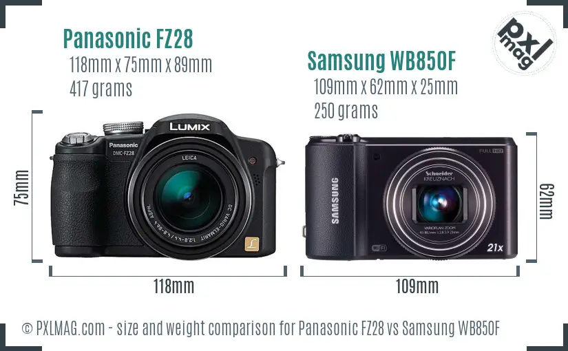 Panasonic FZ28 vs Samsung WB850F size comparison