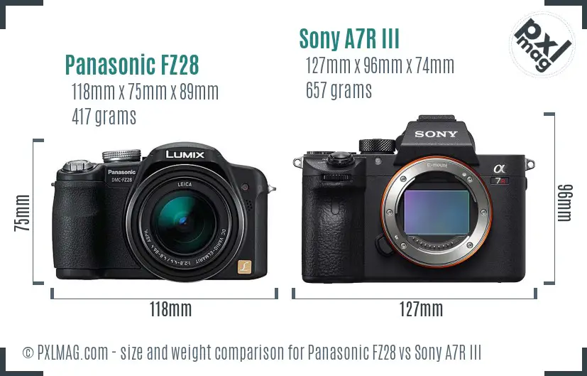 Panasonic FZ28 vs Sony A7R III size comparison Panasonic FZ28 vs Sony A7R III size comparison