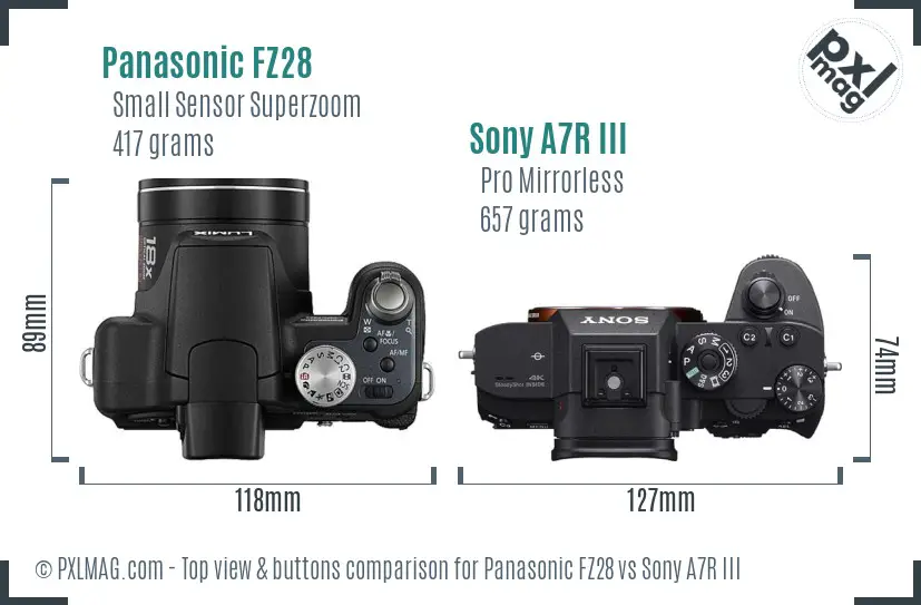 Panasonic FZ28 vs Sony A7R III top view buttons comparison Panasonic FZ28 vs Sony A7R III top view buttons comparison
