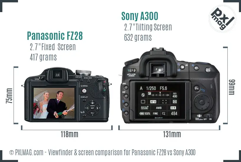 Panasonic FZ28 vs Sony A300 Screen and Viewfinder comparison
