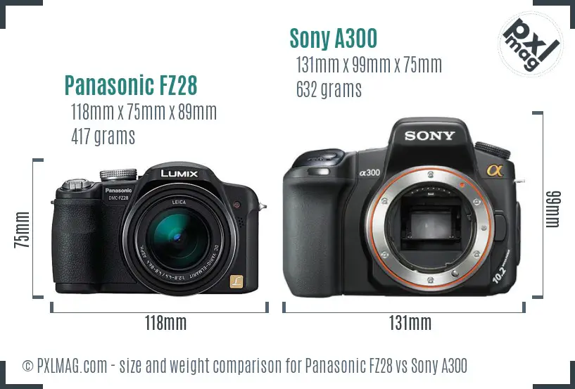 Panasonic FZ28 vs Sony A300 size comparison