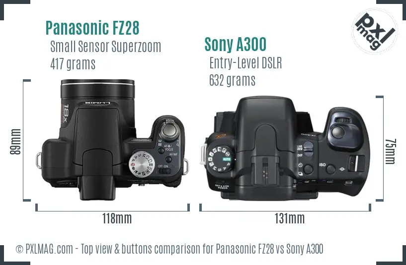 Panasonic FZ28 vs Sony A300 top view buttons comparison