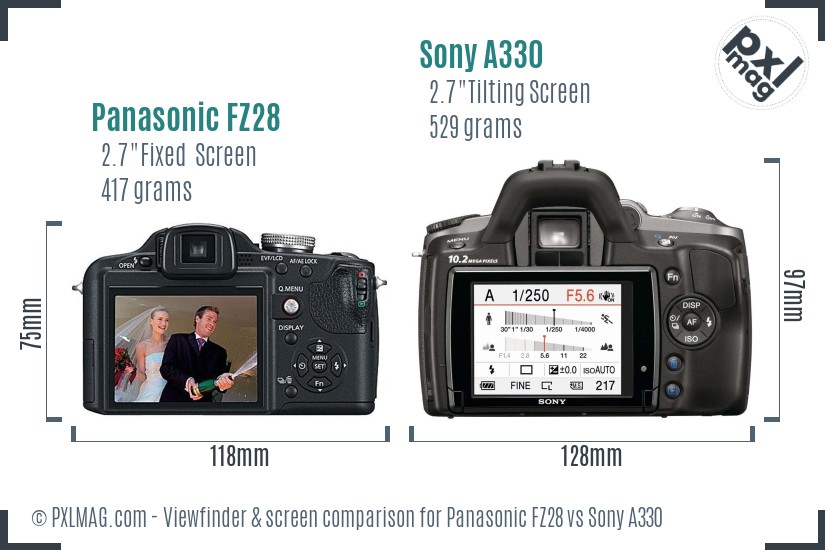 Panasonic FZ28 vs Sony A330 Screen and Viewfinder comparison