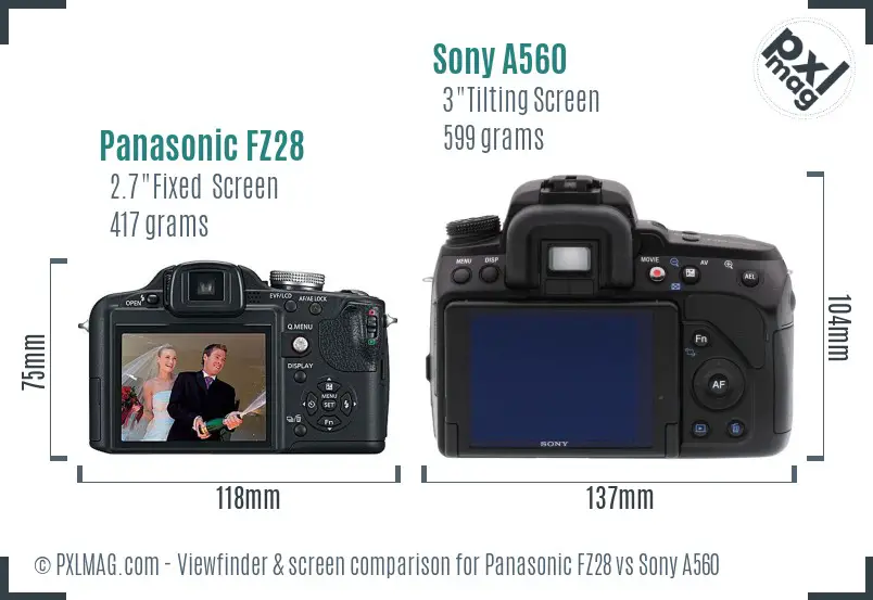 Panasonic FZ28 vs Sony A560 Screen and Viewfinder comparison