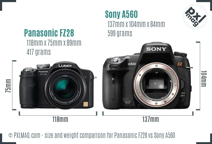 Panasonic FZ28 vs Sony A560 size comparison
