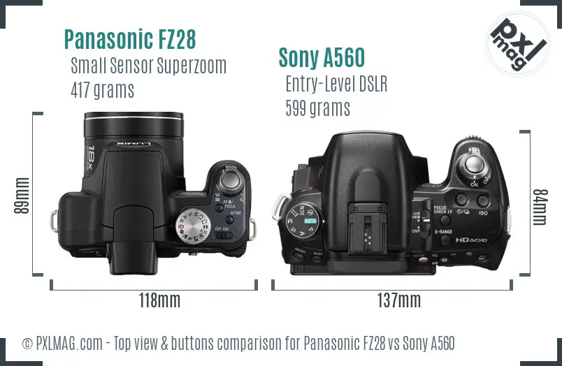 Panasonic FZ28 vs Sony A560 top view buttons comparison