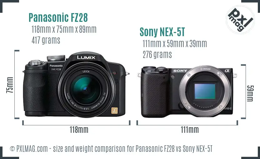 Panasonic FZ28 vs Sony NEX-5T size comparison Panasonic FZ28 vs Sony NEX-5T size comparison