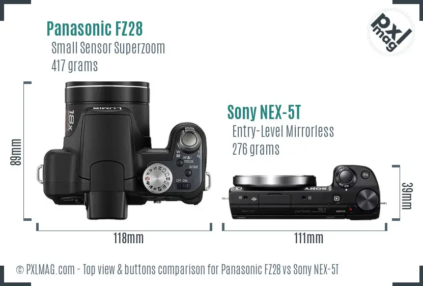 Panasonic FZ28 vs Sony NEX-5T top view buttons comparison Panasonic FZ28 vs Sony NEX-5T top view buttons comparison