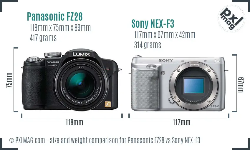Panasonic FZ28 vs Sony NEX-F3 size comparison Panasonic FZ28 vs Sony NEX-F3 size comparison