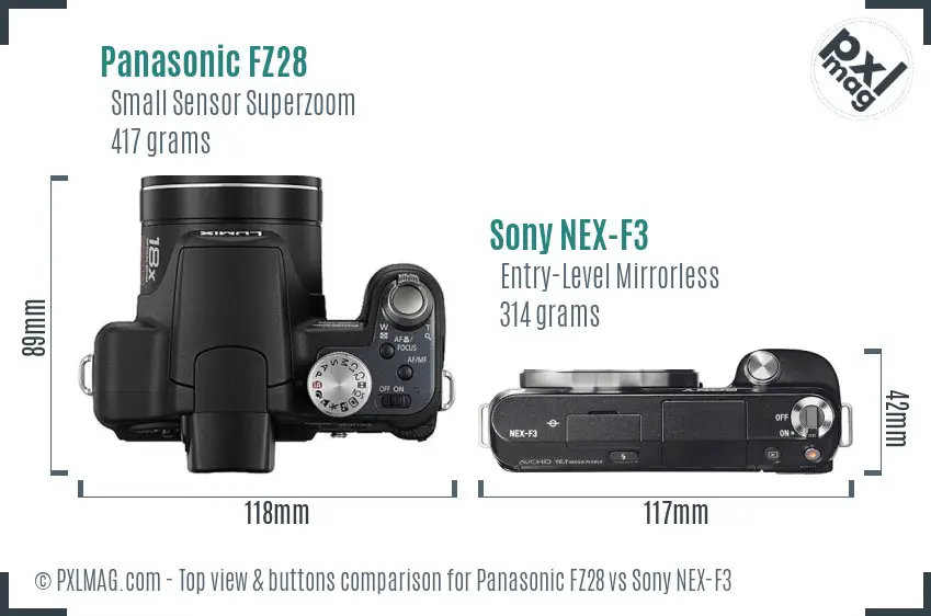 Panasonic FZ28 vs Sony NEX-F3 top view buttons comparison Panasonic FZ28 vs Sony NEX-F3 top view buttons comparison