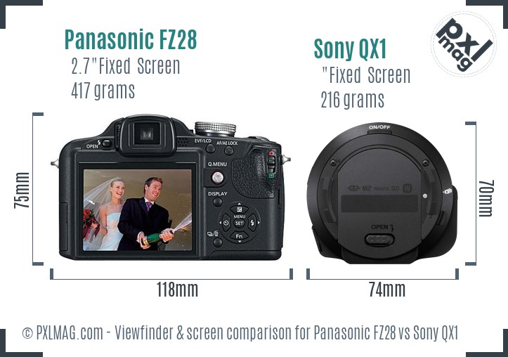 Panasonic FZ28 vs Sony QX1 Screen and Viewfinder comparison