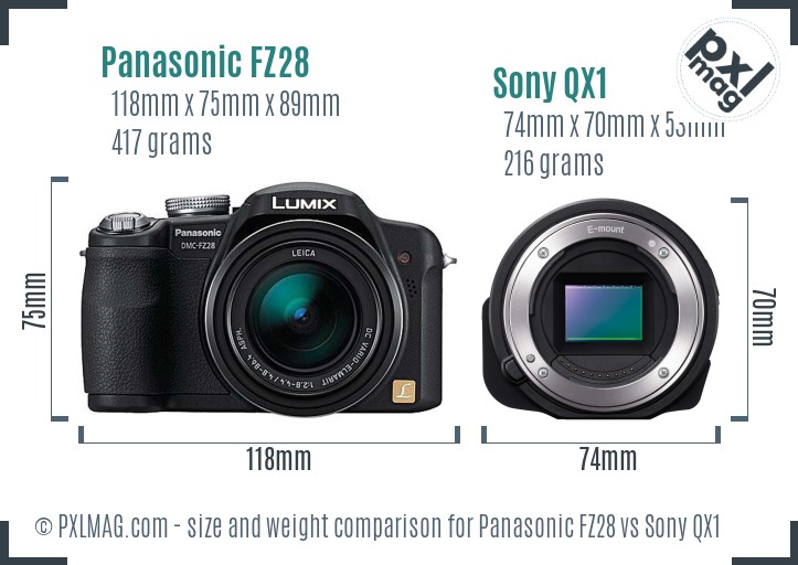 Panasonic FZ28 vs Sony QX1 size comparison Panasonic FZ28 vs Sony QX1 size comparison