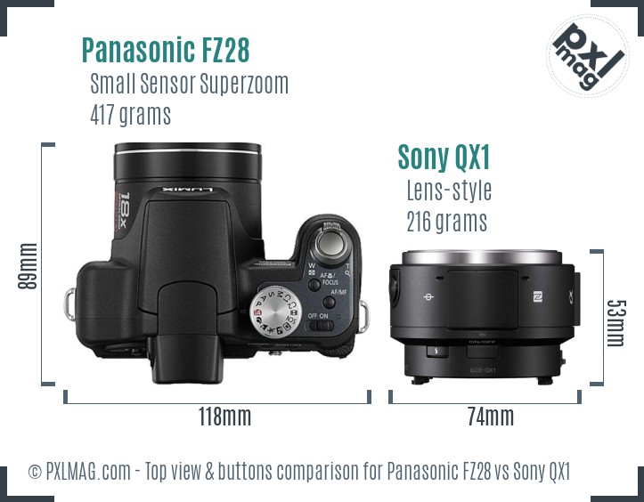 Panasonic FZ28 vs Sony QX1 top view buttons comparison