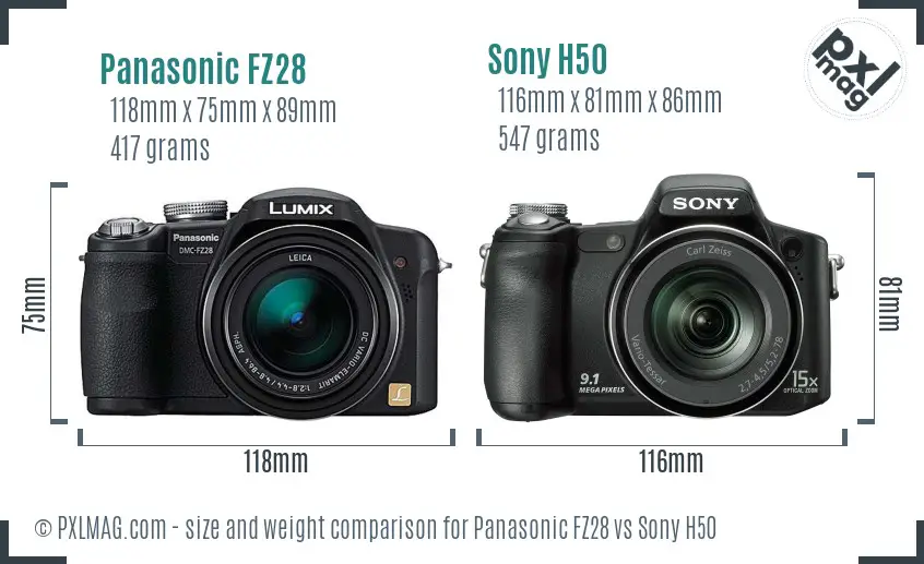 Panasonic FZ28 vs Sony H50 size comparison Panasonic FZ28 vs Sony H50 size comparison