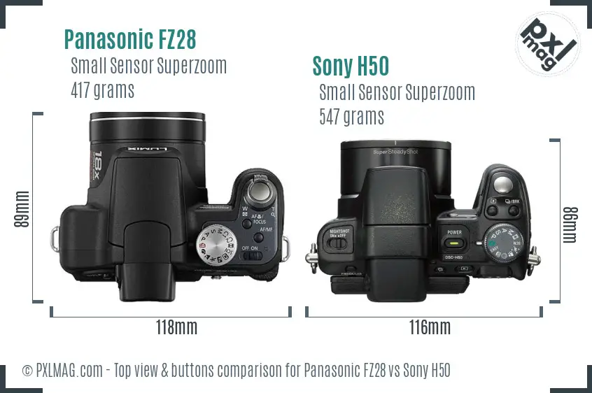 Panasonic FZ28 vs Sony H50 top view buttons comparison Panasonic FZ28 vs Sony H50 top view buttons comparison