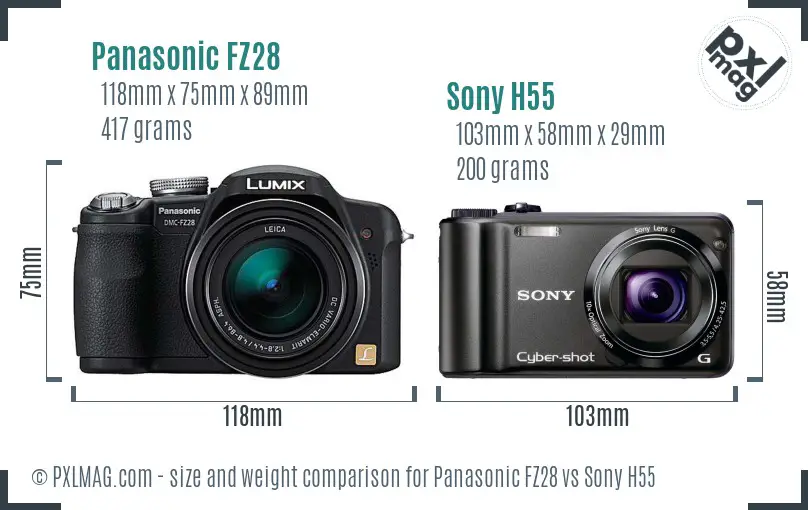 Panasonic FZ28 vs Sony H55 size comparison