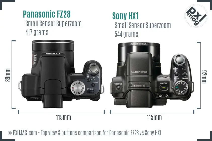 Panasonic FZ28 vs Sony HX1 top view buttons comparison Panasonic FZ28 vs Sony HX1 top view buttons comparison
