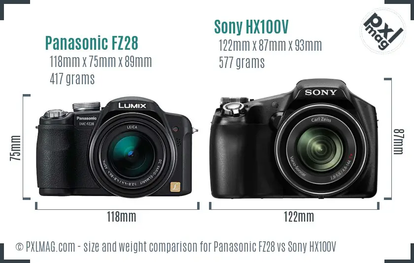 Panasonic FZ28 vs Sony HX100V size comparison