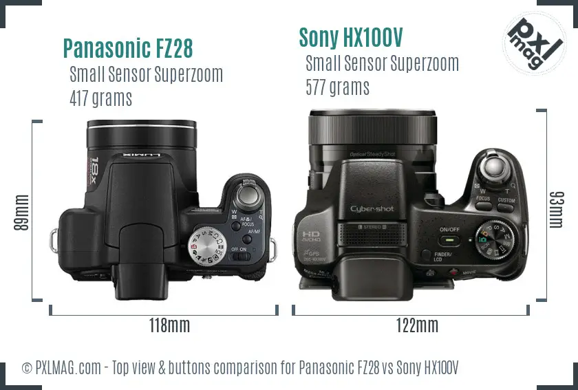 Panasonic FZ28 vs Sony HX100V top view buttons comparison