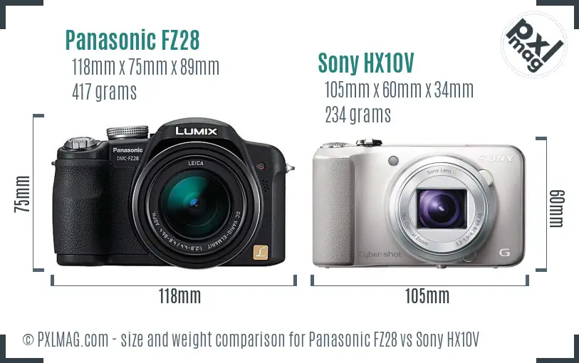 Panasonic FZ28 vs Sony HX10V size comparison