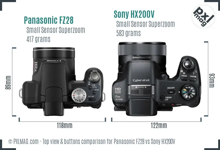 Panasonic FZ28 vs Sony HX200V top view buttons comparison