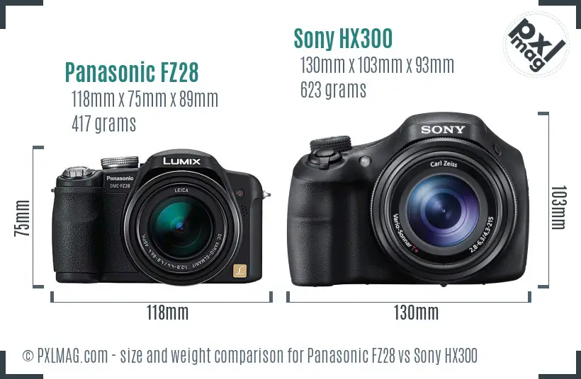 Panasonic FZ28 vs Sony HX300 size comparison Panasonic FZ28 vs Sony HX300 size comparison