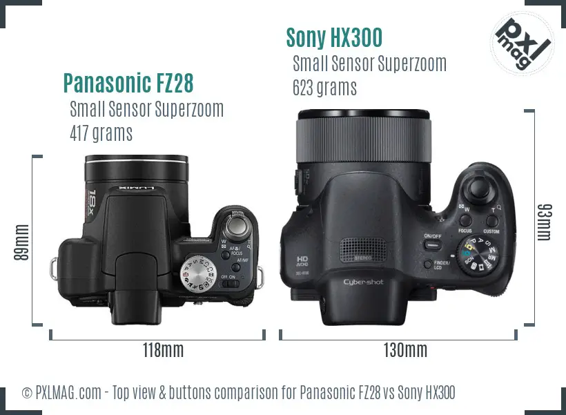 Panasonic FZ28 vs Sony HX300 top view buttons comparison Panasonic FZ28 vs Sony HX300 top view buttons comparison