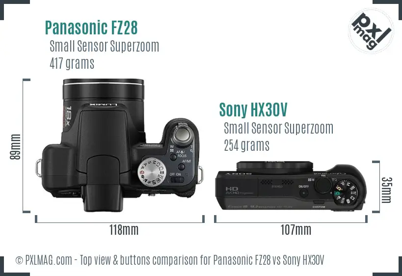Panasonic FZ28 vs Sony HX30V top view buttons comparison Panasonic FZ28 vs Sony HX30V top view buttons comparison
