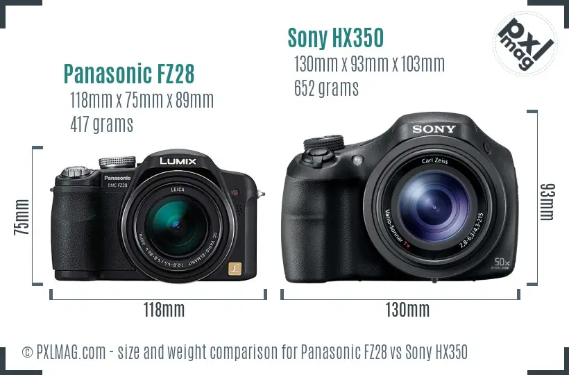 Panasonic FZ28 vs Sony HX350 size comparison