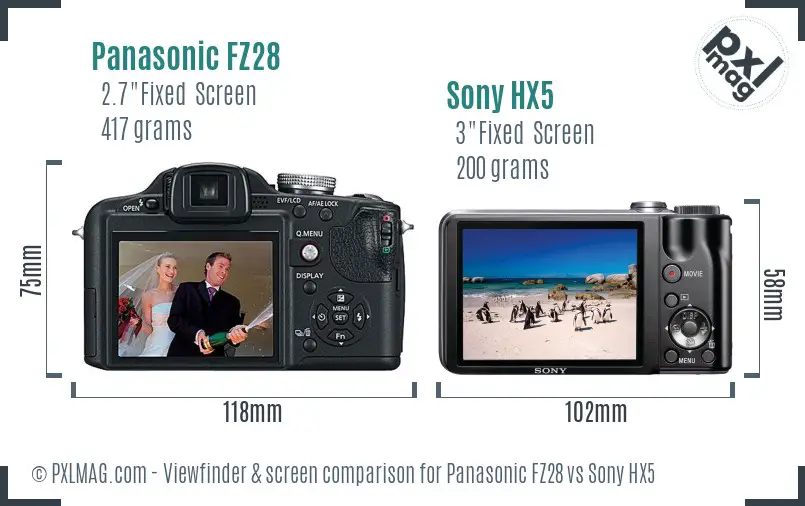 Panasonic FZ28 vs Sony HX5 Screen and Viewfinder comparison