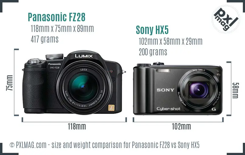 Panasonic FZ28 vs Sony HX5 size comparison