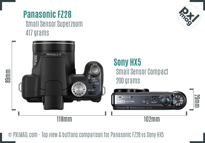 Panasonic FZ28 vs Sony HX5 top view buttons comparison