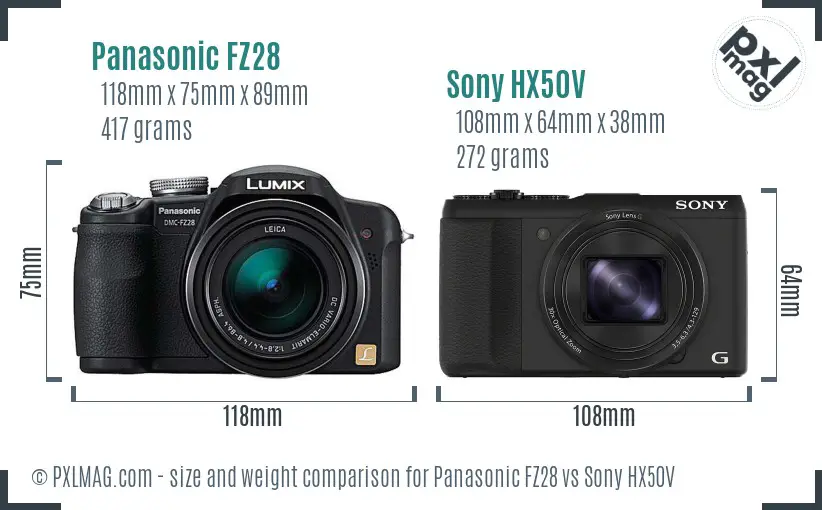 Panasonic FZ28 vs Sony HX50V size comparison