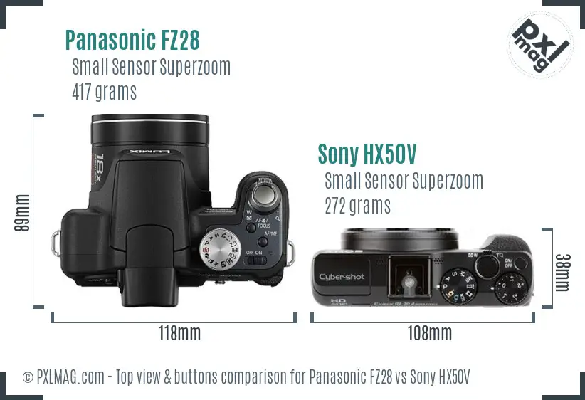 Panasonic FZ28 vs Sony HX50V top view buttons comparison