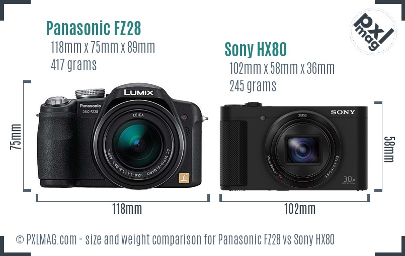 Panasonic FZ28 vs Sony HX80 size comparison Panasonic FZ28 vs Sony HX80 size comparison