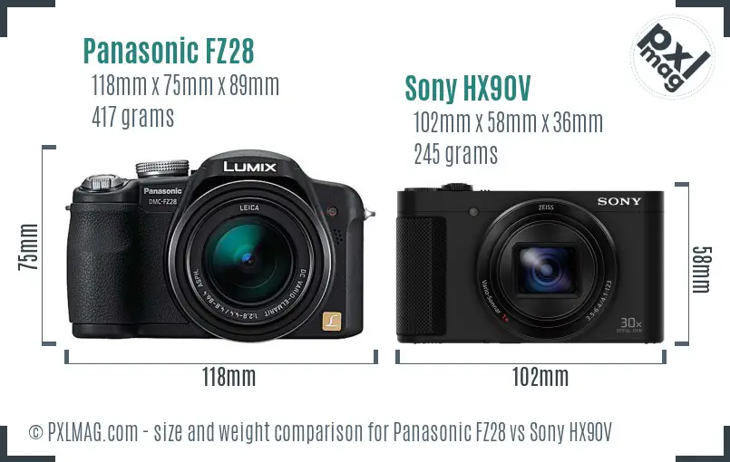 Panasonic FZ28 vs Sony HX90V size comparison