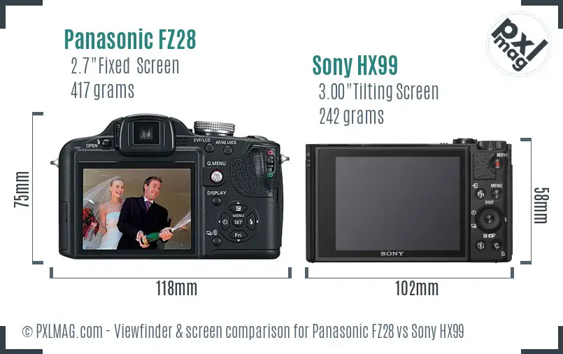 Panasonic FZ28 vs Sony HX99 Screen and Viewfinder comparison