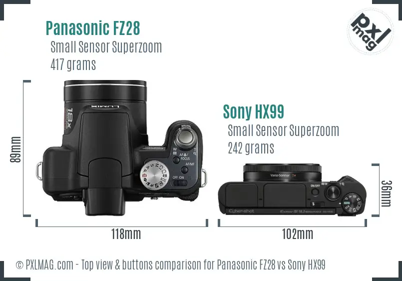 Panasonic FZ28 vs Sony HX99 top view buttons comparison